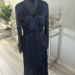 Kensie Shimmery Navy Wrap Dress with Tie Waist